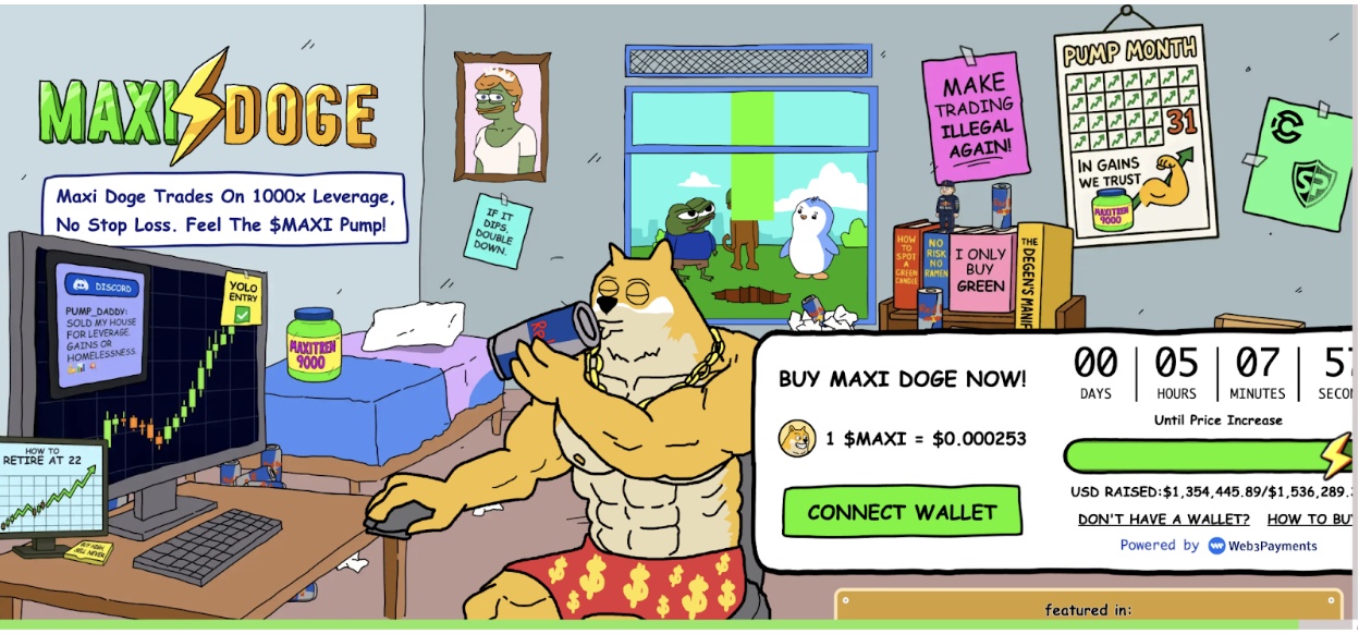 أداة اكتتاب عملة ماكسي دوج (Maxi Doge) وكلب ماكسي دوج أمامه شاشة تداول وخلفه ملصقات جدارية وكتب ونافذة تظهر من خلالها حيوانات تمثل عملات ميم أخرى