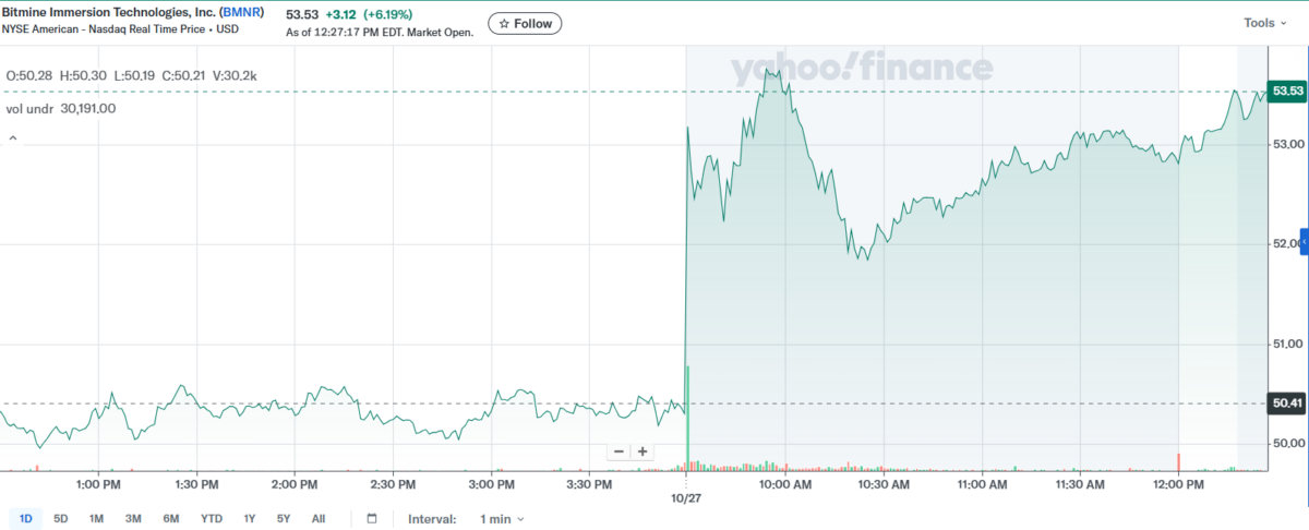 مخطط بياني يوضح ارتفاع سعر سهم BMNR
