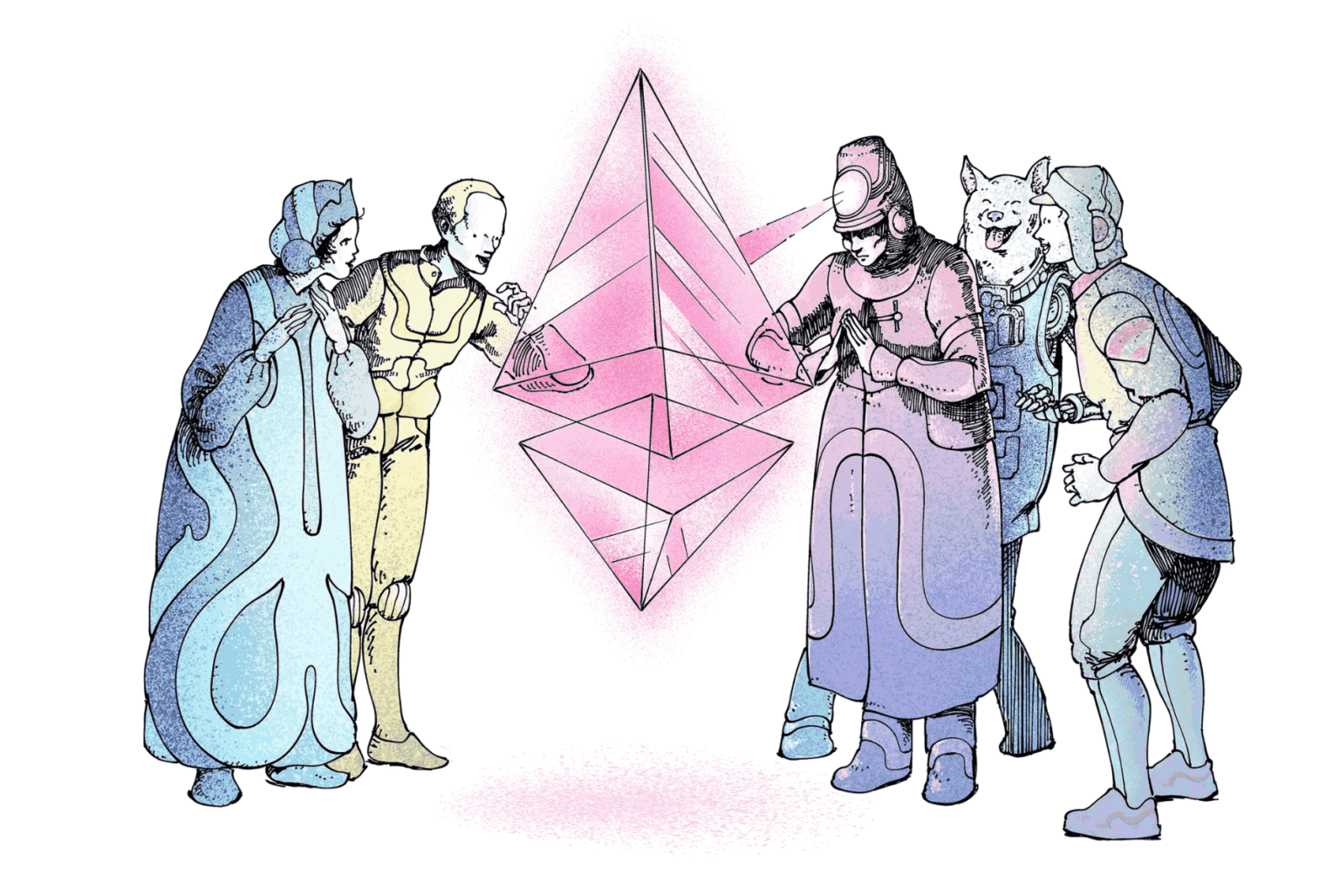 مجموعة أشخاص بأزياء متنوعة تبدي إعجابها بشعار عملة إيثيريوم