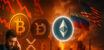 Dramatisches Bild mit Bitcoin, XRP, Dogecoin und Ethereum-Logos, fallenden Kursen, Stahlwerk und geopolitischen Symbolen in kräftigen Farben.