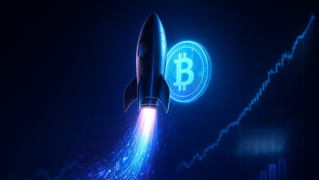 Die besten Krypto Presales Eine futuristische Rakete symbolisiert den Start eines neuen Coins.
