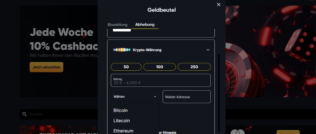 Entscheiden Sie, über welche Kryptowährung Sie das Geld empfangen möchten.