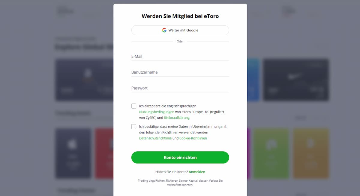 Registrierung bei eToro