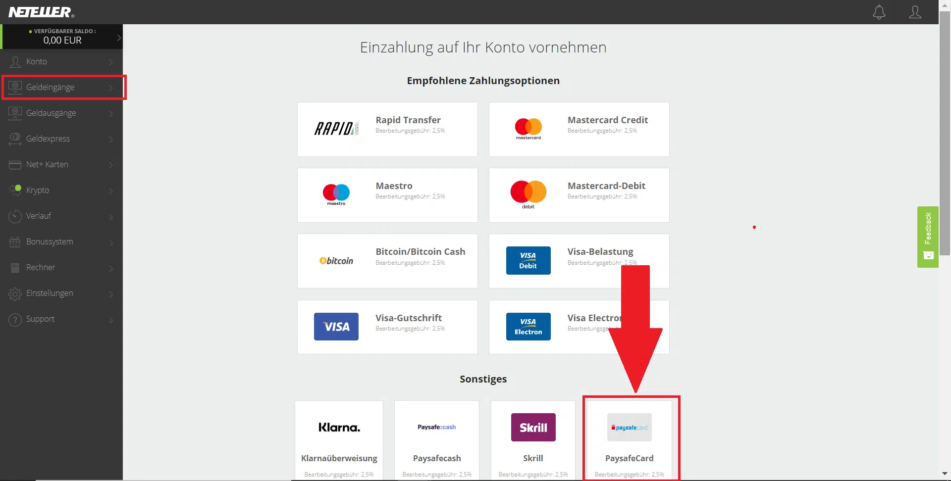 Einzahlung bei Neteller mit Paysafecard tätigen