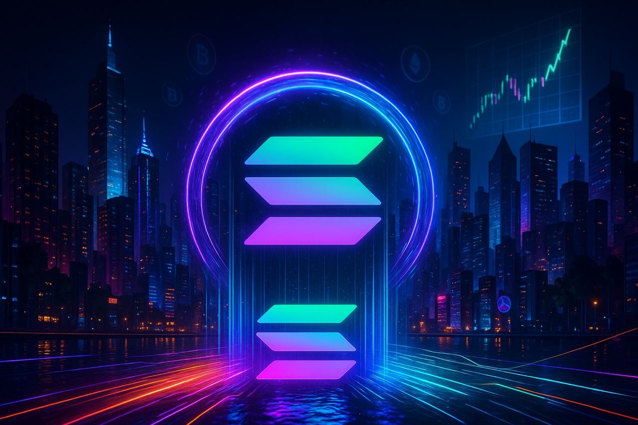 Nachtszene mit neonbeleuchtetem Solana-Logo und steigenden Charts in fotorealistischer, dramatischer Darstellung.