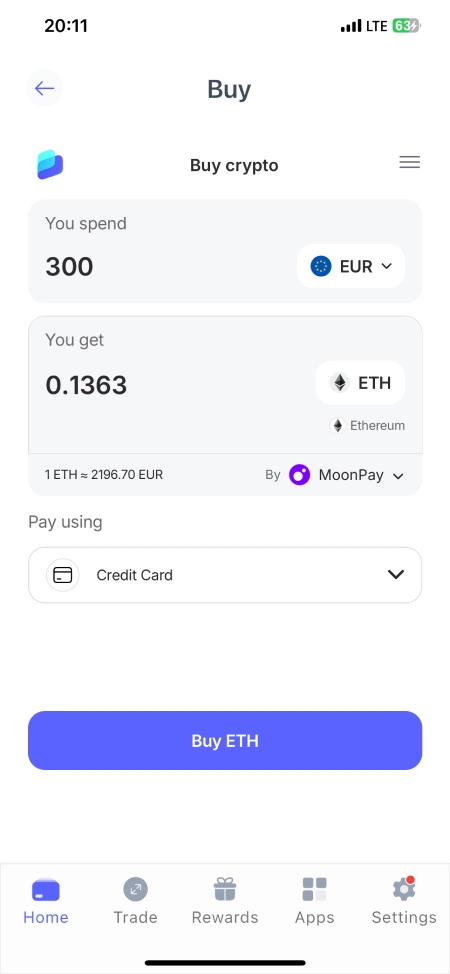 Wallet mit ETH, BNB oder USDT aufladen