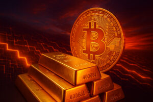 Bild mit Goldbarren und Bitcoin-Symbol in dramatischen Farben, Darstellung der Tokenisierung von Gold auf der Blockchain.