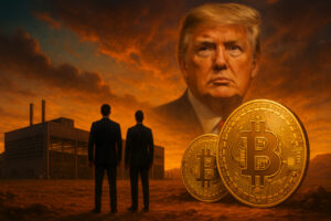 Bild einer Bitcoin-Mine mit Winklevoss-Silhouetten und Trump-Porträt im Hintergrund, dramatisches Licht und starke Farben.