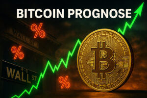 Bild eines goldenen Bitcoin-Symbols vor steigenden Kurslinien und Zinssymbolen, dramatisch beleuchtet in kräftigen Farben.
