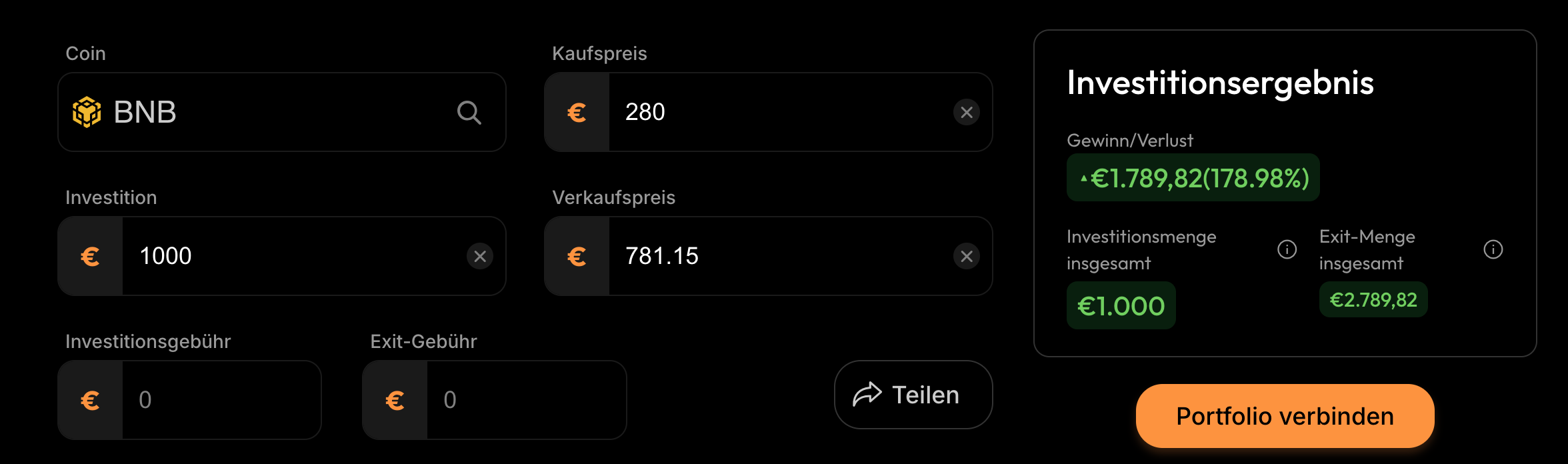 BNB Coin Binance Wertentwicklung bei 1000 Euro Investition von 2022 bis heute      Quelle: Coinstats.io