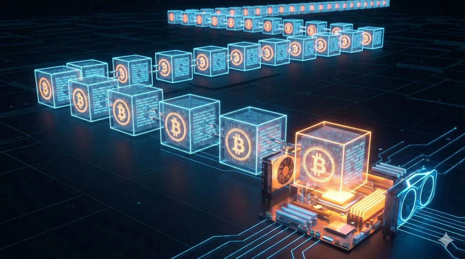 3D-Visualisierung der Bitcoin-Blockchain, wobei Mining-Hardware einen neuen Block zur Kette hinzufügt.