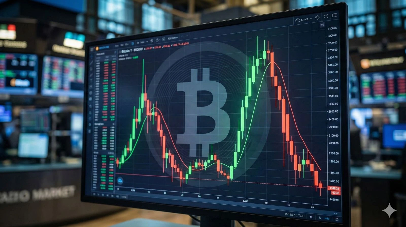 Ein volatiler Bitcoin-Finanzchart auf einem Monitor zeigt starke Kursschwankungen mit grünen und roten Kerzen.