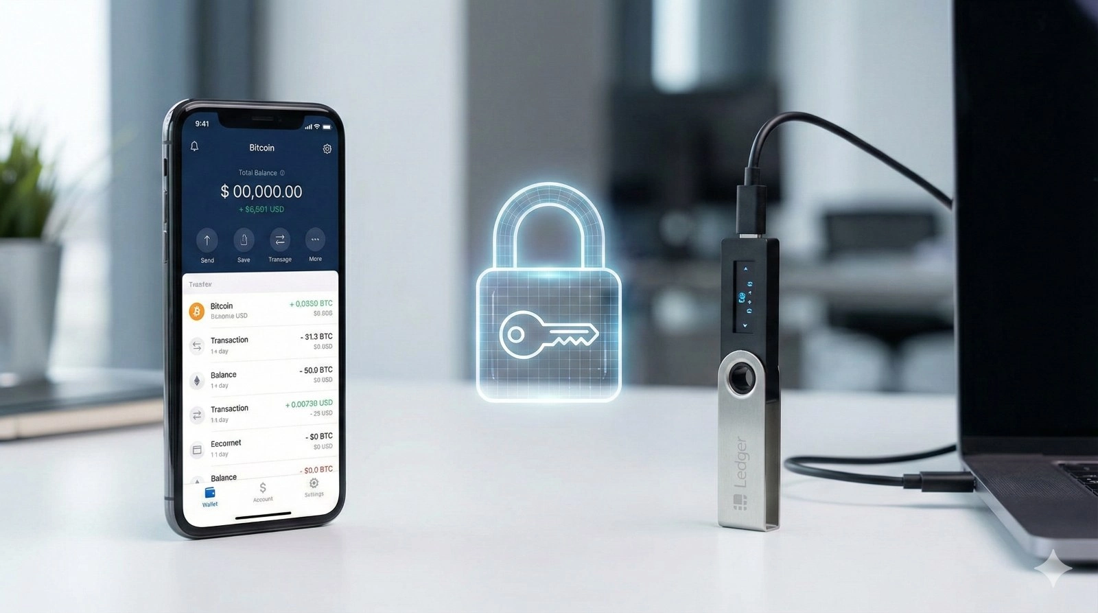 Ein Vergleich zwischen einem Smartphone-Hot-Wallet und einem Hardware-Cold-Wallet mit einem Sicherheitsschloss-Symbol in der Mitte.