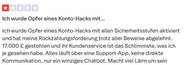 Die negativen Bewertungen konzentrieren sich vor allem auf zwei Themen: technische Ausfälle der App in Stressphasen und frustrierende Support-Erfahrungen bei komplexen Sicherheitsfällen