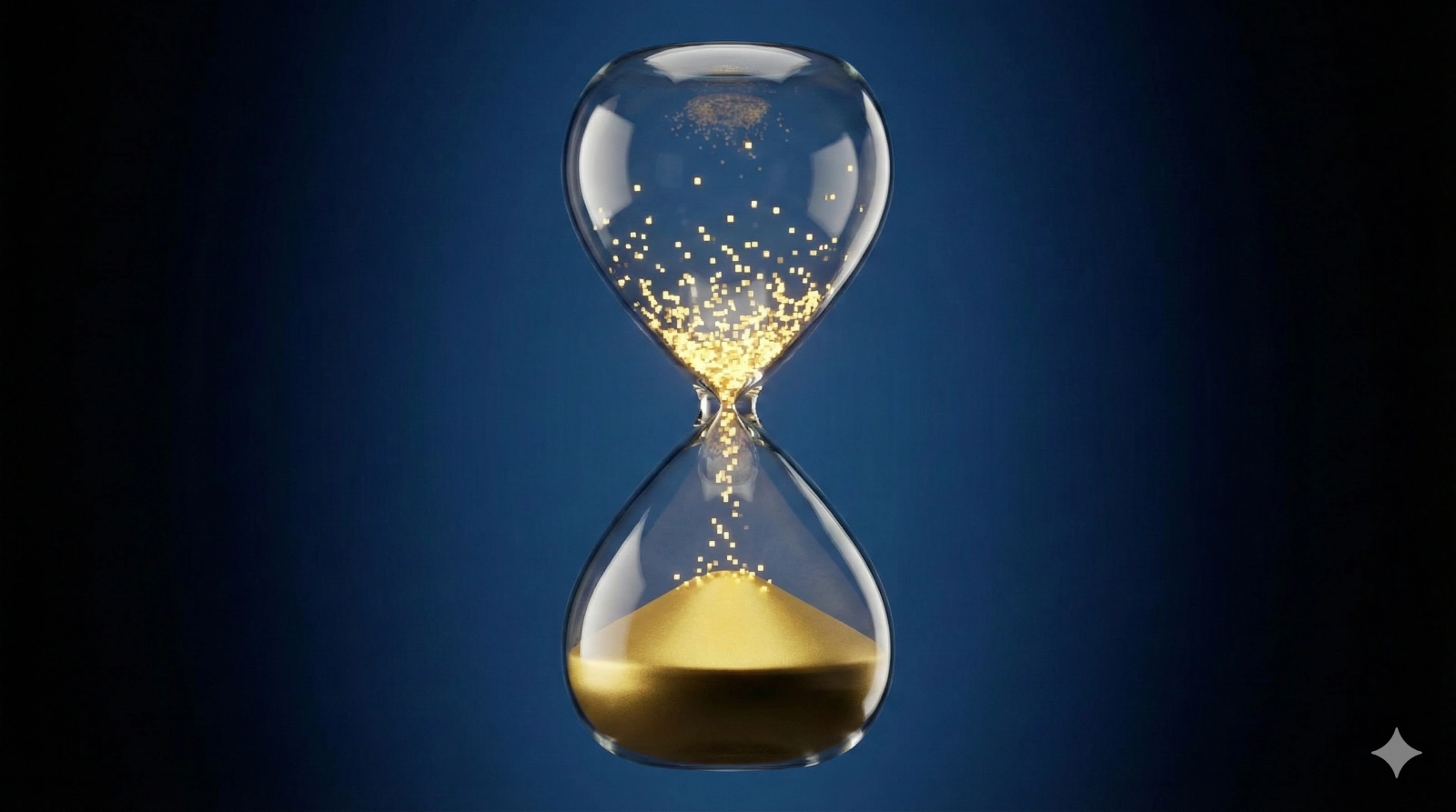 Eine gläserne Sanduhr, in der goldene digitale Pixel langsam nach unten rieseln und sich verfestigen, symbolisch für den langfristigen Anlagehorizont bei der Rentenvorsorge.