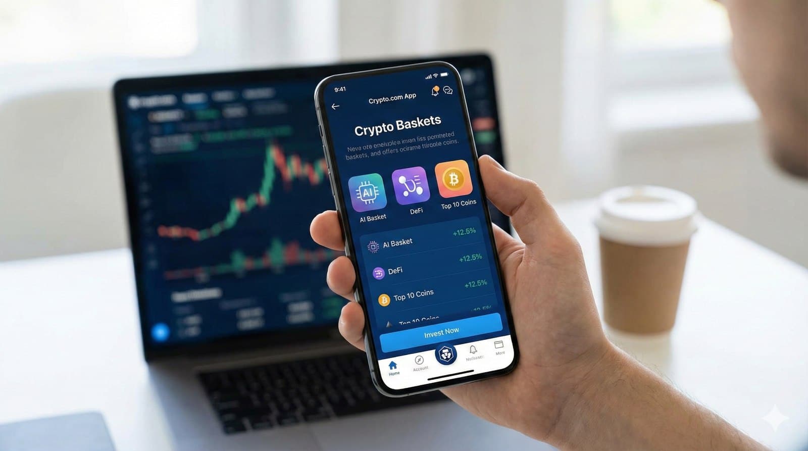 Nahaufnahme der Crypto.com App auf einem Smartphone, die die neue Krypto-Körbe (Crypto Baskets) Investitionsfunktion zeigt.