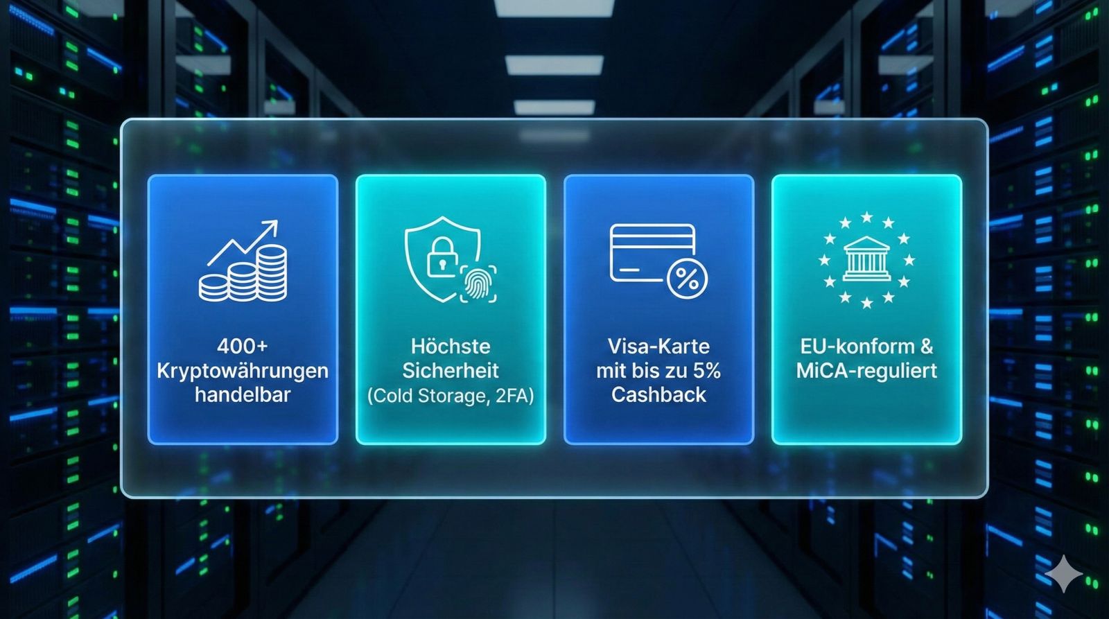 Infografik Übersicht der wichtigsten Crypto.com Fakten: 400+ Coins, hohe Sicherheit, Visa Cashback und EU-Regulierung.