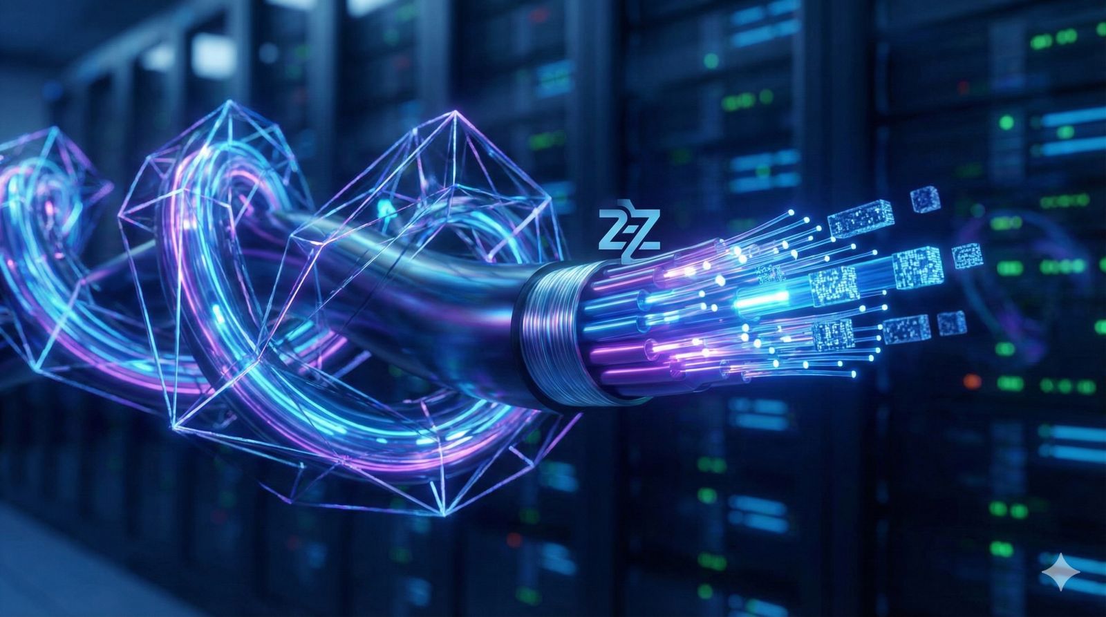 A futuristic visualization of a fiber optic cable transmitting glowing digital data blocks and a '2Z' logo, representing the Doublezero blockchain network.