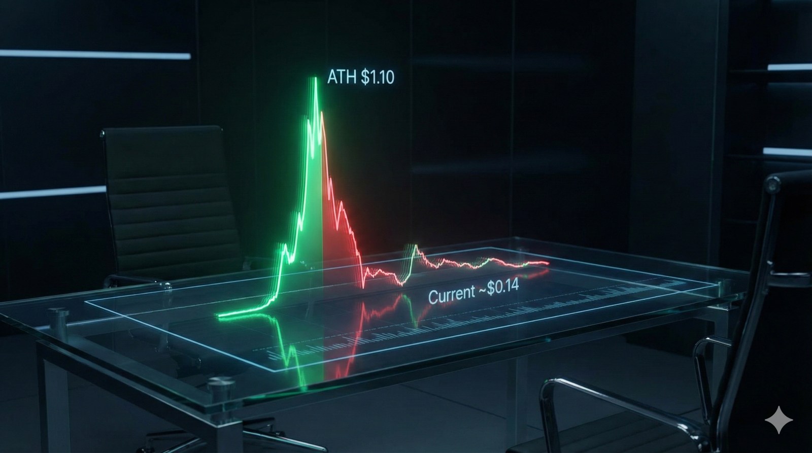 A holographic financial chart showing a sharp price spike to an all-time high followed by a steep drop, illustrating Doublezero's market volatility.