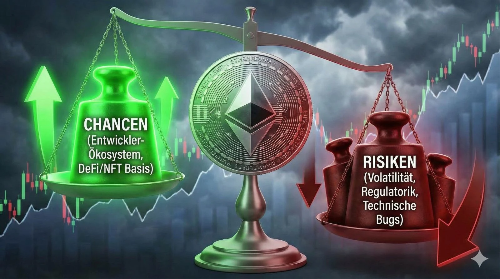 A conceptual illustration showing a balance scale weighed down by both the opportunities of Ethereum (ecosystem growth) and the significant risks (volatility, regulation), depicting the high-stakes nature of the asset.
