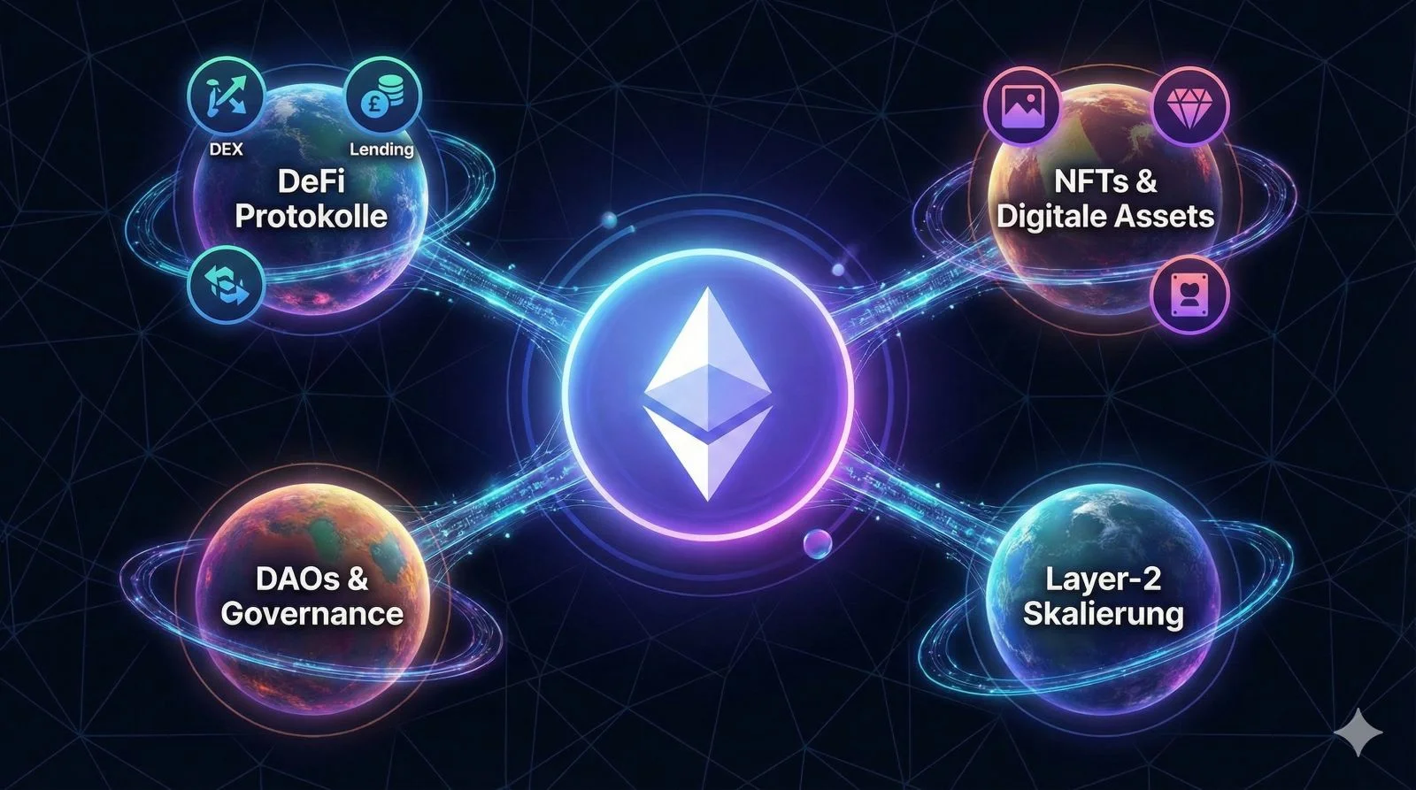 A network diagram visualization of the expansive Ethereum ecosystem, showing the central platform connected to key sectors like DeFi protocols, NFTs, DAOs, and Layer-2 scaling solutions.