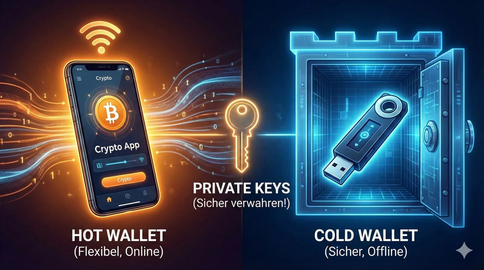 A side-by-side comparison illustrating crypto storage options. The left shows an online Hot Wallet app for flexibility, while the right shows an offline hardware Cold Wallet in a vault for maximum security.