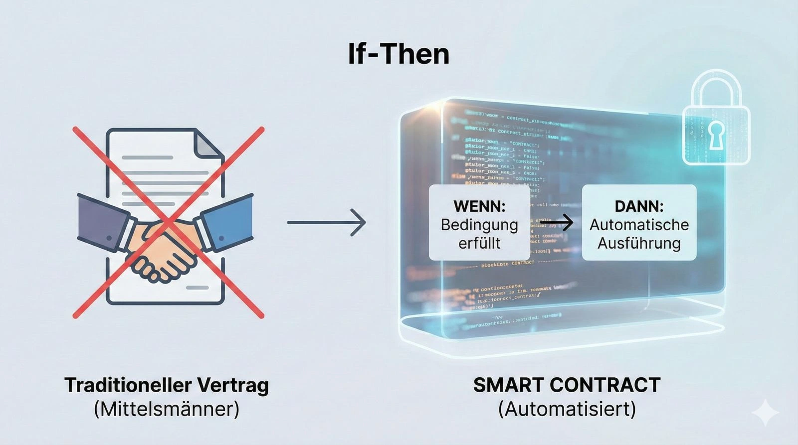 An infographic illustrating the mechanism of an Ethereum Smart Contract, showing the transition from traditional contracts with intermediaries to automated, code-based execution based on predefined conditions.