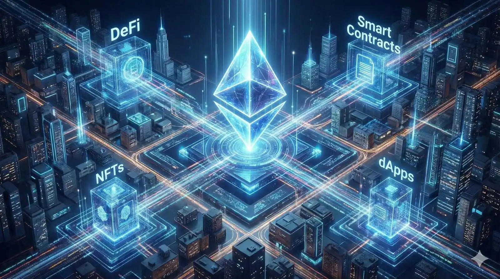 A futuristic illustration depicting the Ethereum logo as the central power source for a sprawling digital ecosystem, including decentralized finance, smart contracts, and Web3 applications.