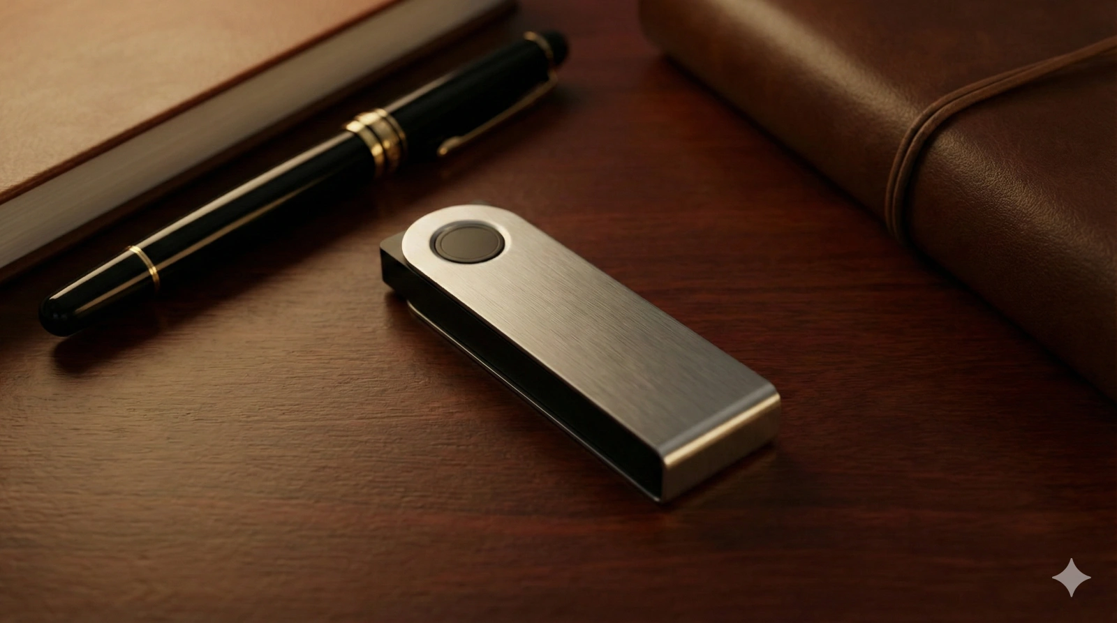 Nahaufnahme einer hochwertigen Hardware-Wallet auf einem Schreibtisch neben einem Notizbuch zur sicheren Offline-Speicherung von privaten Schlüsseln (Cold Storage).