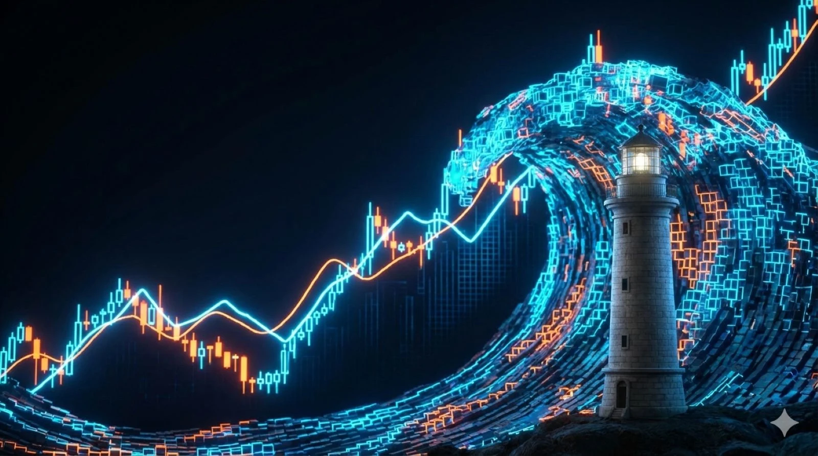 Ein stabiler Leuchtturm steht standhaft gegen eine stürmische Welle aus leuchtenden digitalen Finanzcharts, was die hohen Risiken und Schwankungen am Krypto-Markt darstellt.