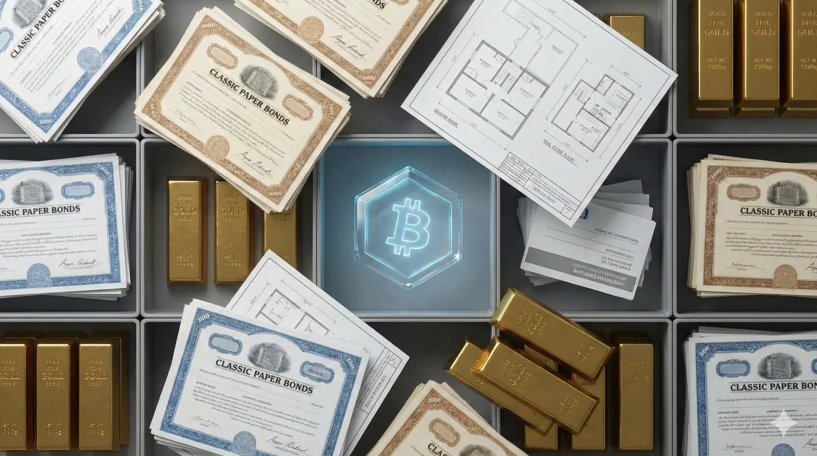 Draufsicht auf ein gut sortiertes Wertpapierdepot mit Anleihen und Gold, ergänzt durch einen kleinen, aber leuchtenden Bitcoin-Hexagon zur Darstellung einer konservativen Beimischung.
