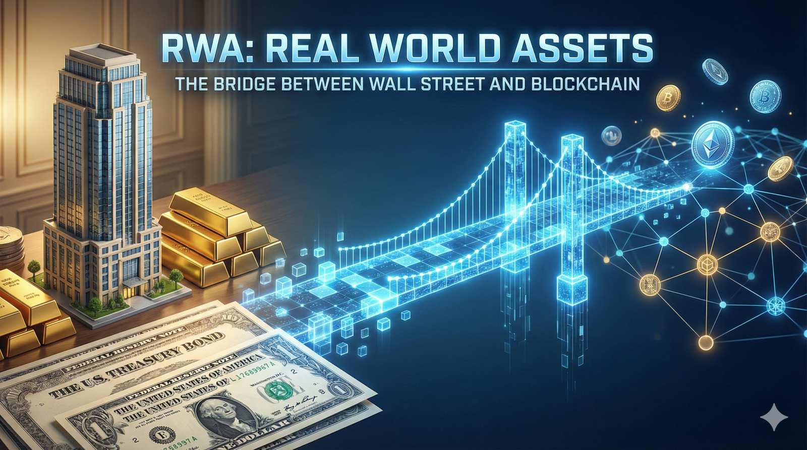 Illustration von Real World Assets (RWA), die eine digitale Brücke zeigt, welche traditionelle Wall-Street-Anlagen wie Wolkenkratzer und Gold mit dem Blockchain-Netzwerk verbindet.