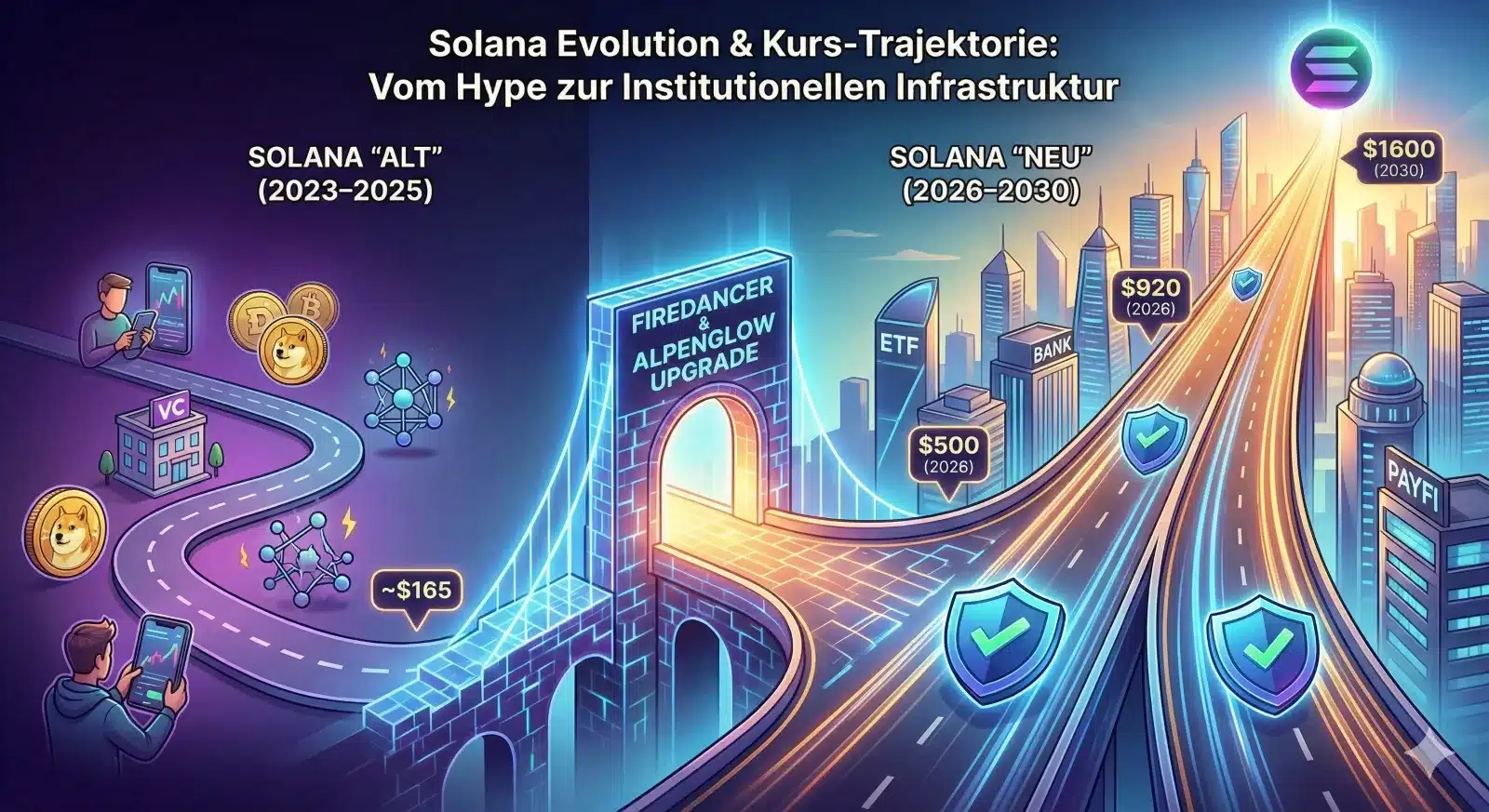 Infografik zur Evolution von Solana: Visualisierung des Wandels von 'Solana Alt' (2023-2025, Hype & Memecoins) über die 'Firedancer & Alpenglow Upgrade' Brücke hin zu 'Solana Neu' (2026-2030) als institutionelle Infrastruktur mit ETFs, Banken und PayFi. Die Grafik zeigt einen klaren Aufwärtstrend mit Kurszielen von $500 (2026), $920 (2028) und $1600 (2030).