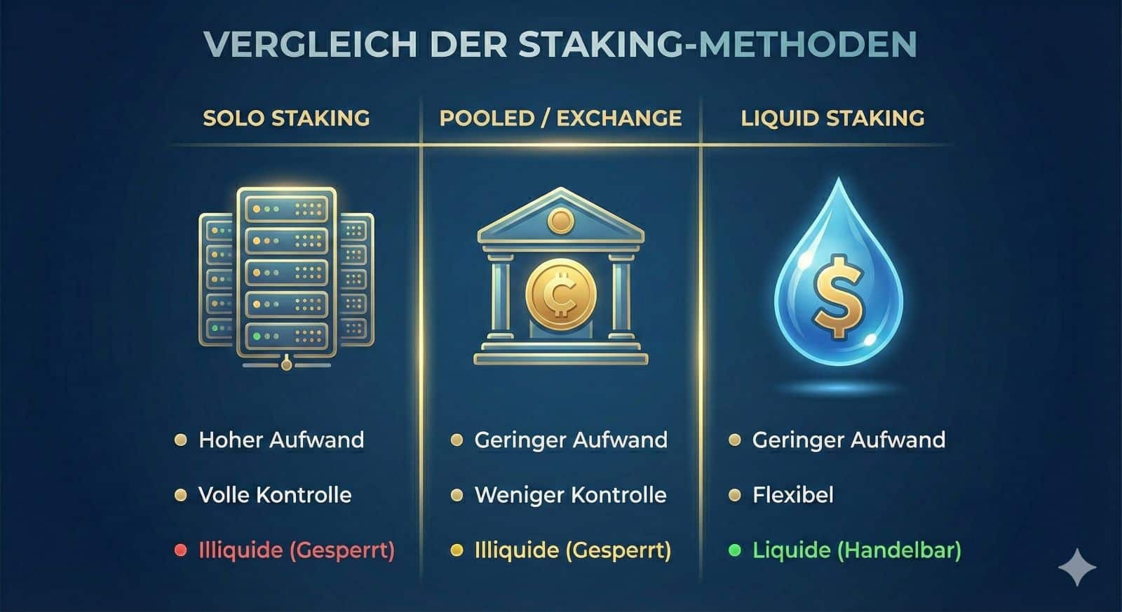 Vergleichsgrafik der vier Staking-Arten: Solo Staking, SaaS, Exchange Staking und Liquid Staking, eingeordnet nach technischem Aufwand und Liquidität.