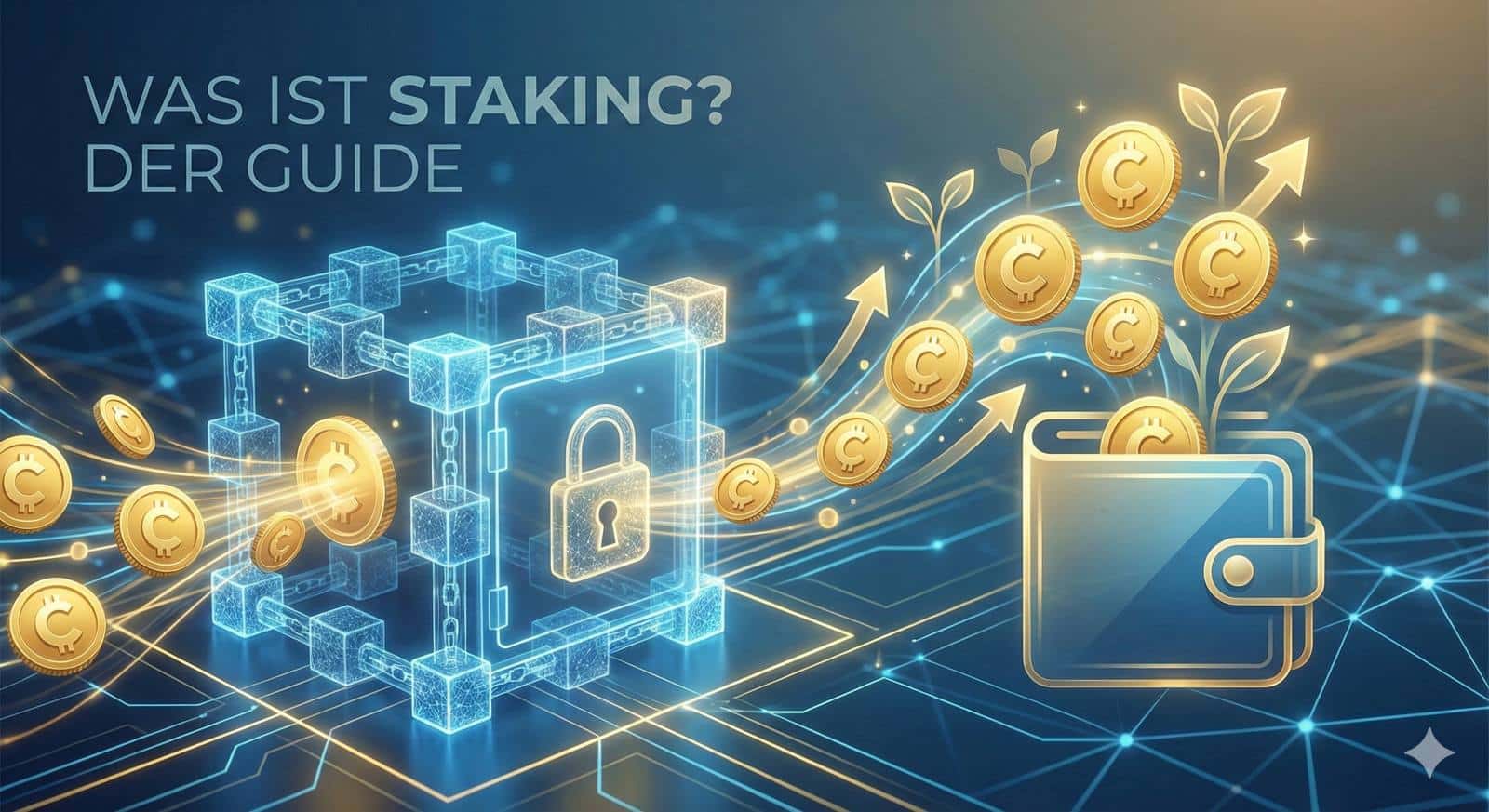 Konzeptuelle Darstellung von Krypto-Staking: Digitale Münzen werden in einem Blockchain-Tresor gesperrt, um neue Rewards zu generieren.