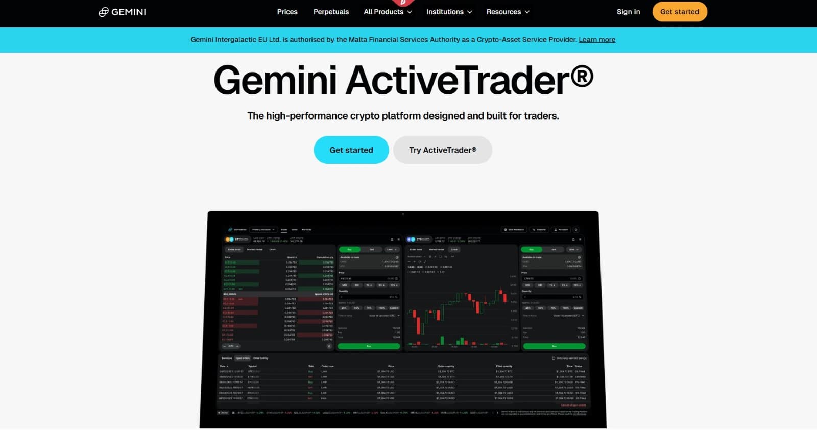Gemini ActiveTrader Benutzeroberfläche: Professionelle High-Performance Krypto-Trading-Plattform mit Live-Charts, Orderbuch und Handelsoptionen für Bitcoin und Ethereum.