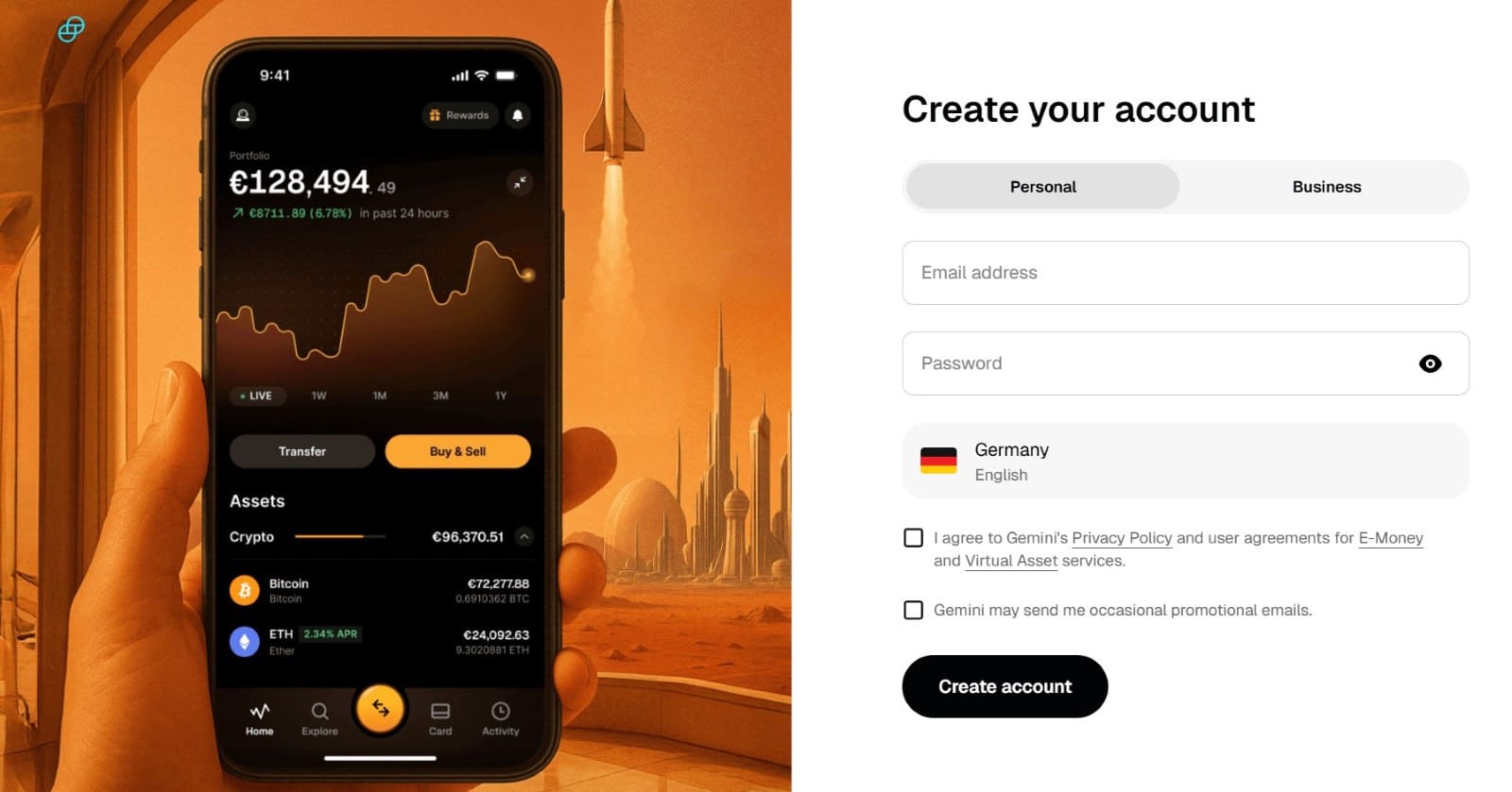 Konto erstellen" Registrierungsseite bei Gemini für Deutschland: Anmeldeformular zur Eröffnung eines Krypto-Wallets neben einer Vorschau der mobilen App mit Bitcoin-Kursen.
