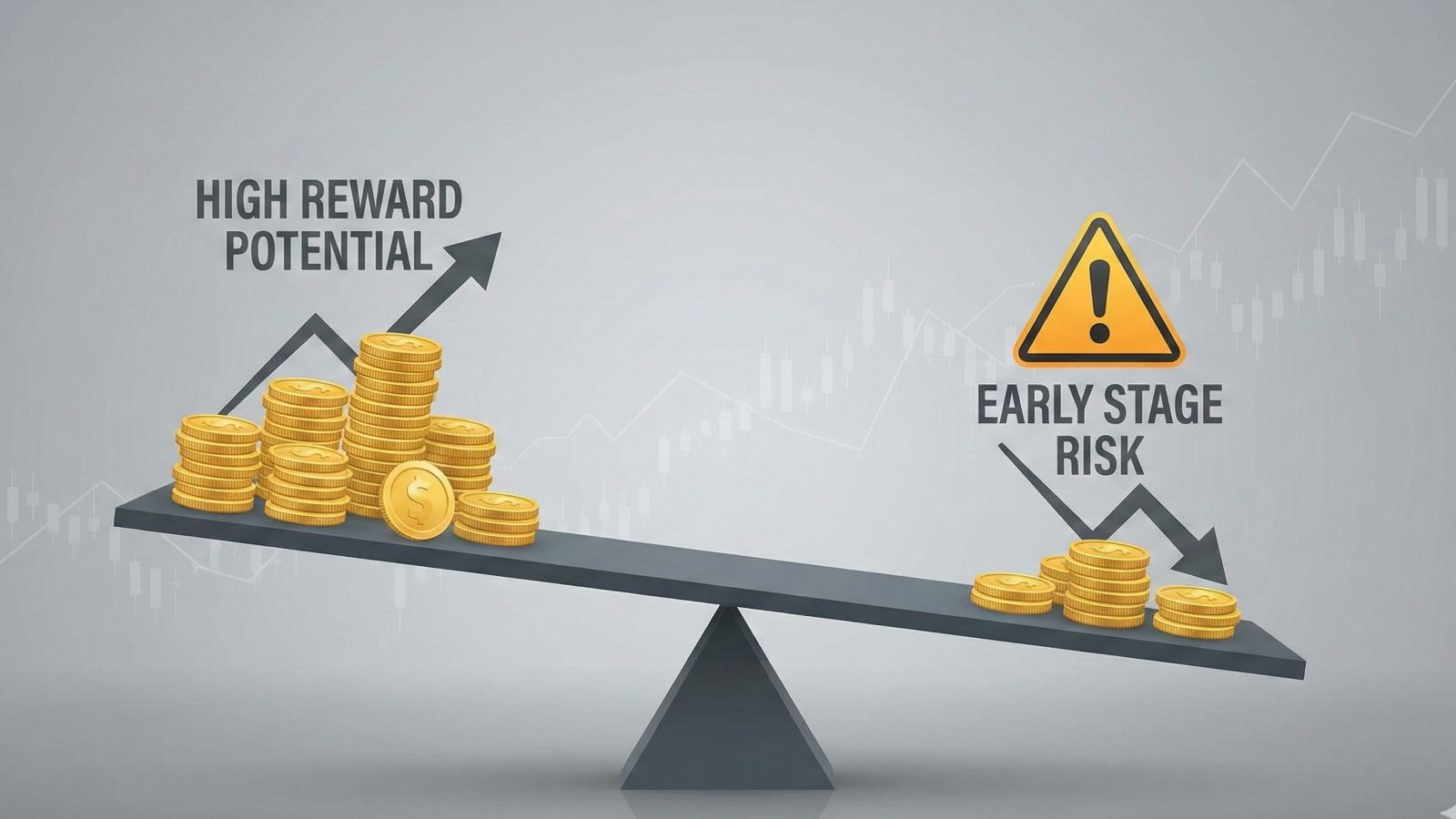 Investment Analyse Waage: Hohes Rendite-Potenzial vs. Early Stage Risiko bei neuen Krypto-Token.