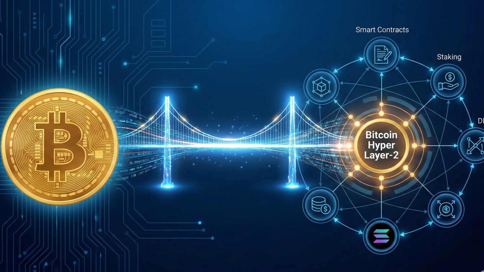 Technische Darstellung der Bitcoin Hyper Layer-2 Bridge mit Smart Contracts, Staking und Solana-Integration.