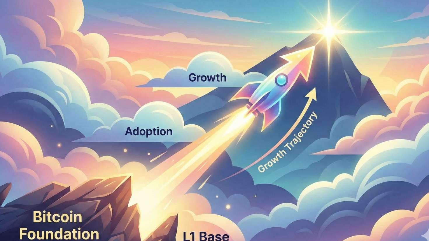 Konzeptuelle Grafik eines positiven Aufwärtstrends für die langfristige Bitcoin Hyper Kurs Prognose, von der Adaption zum Wachstum