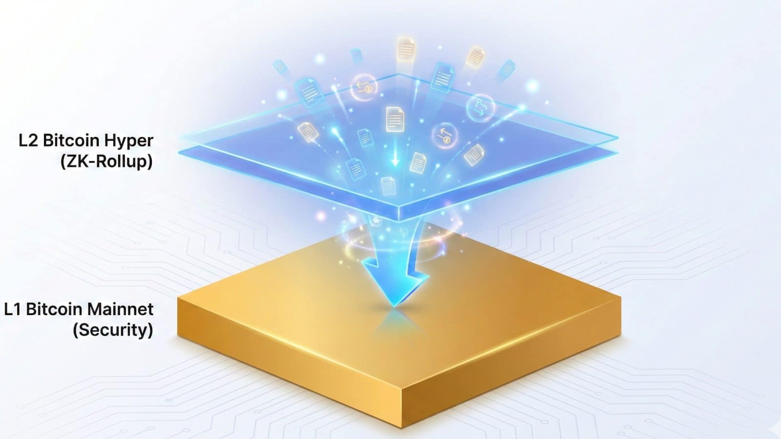 Diagramm zur Erklärung der ZK-Rollup Technologie, bei der Bitcoin Hyper als schnelle Layer-2 über dem sicheren Bitcoin Mainnet fungiert