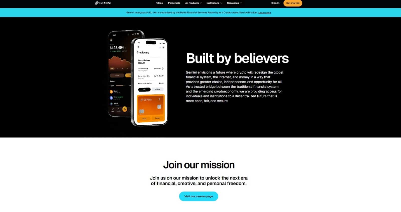 Gemini "Built by believers" Über-uns-Seite: Darstellung der mobilen Krypto-App und Gemini Kreditkarte als Brücke zwischen traditionellem Finanzsystem und Krypto-Ökonomie.