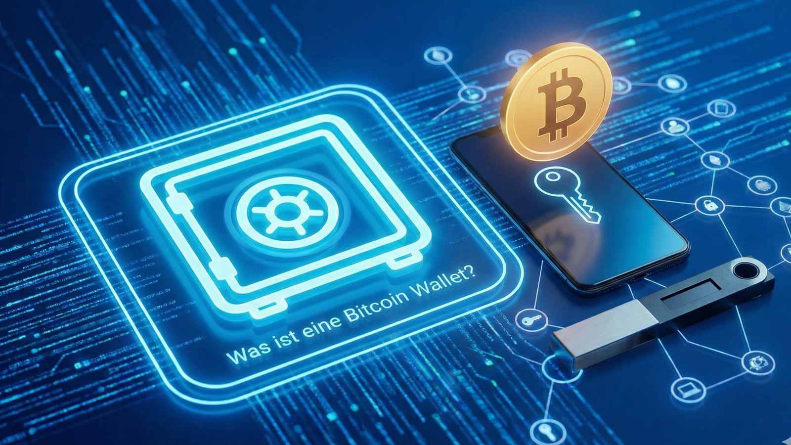 Grafische Darstellung zur Erklärung "Was ist eine Bitcoin Wallet?": Ein leuchtender digitaler Tresor, ein Smartphone mit Schlüssel-Symbol und ein Hardware Wallet Gerät auf einem blauen Netzwerk-Hintergrund.
