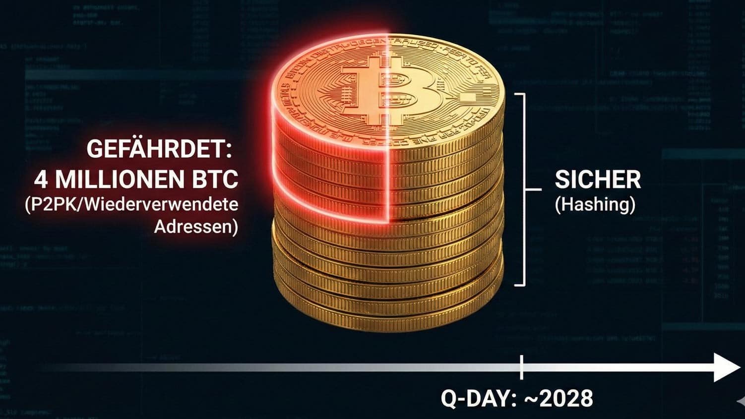 Eine Infografik, die einen Stapel von Bitcoin-Münzen zeigt, die durch eine unsichtbare Gefahr bedroht sind. Ein Teil der Münzen ist rot markiert mit der Aufschrift "Gefährdet: 4 Millionen BTC (P2PK/Wiederverwendete Adressen)", während ein anderer Teil grün und als "Sicher (Hashing)" gekennzeichnet ist. Ein Zeitstrahl im Hintergrund deutet auf das Jahr 2028 als potenziellen "Q-Day" hin.