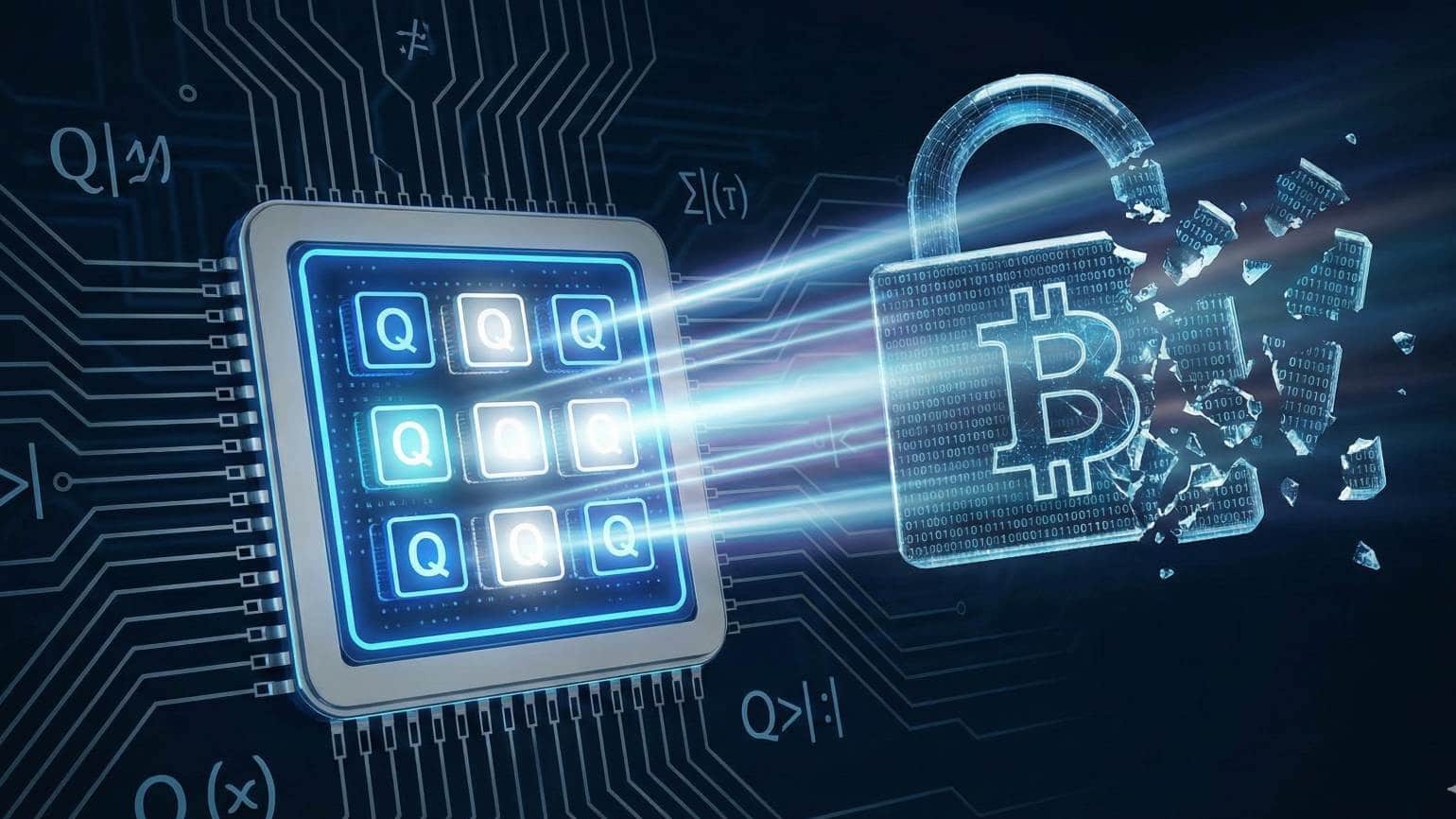 Eine grafische Darstellung, die zeigt, wie ein Quantencomputer (symbolisiert durch einen Quanten-Chip) mit einem Lichtstrahl eine klassische Blockchain-Verschlüsselung (dargestellt als zerbrechendes Schloss mit Bitcoin-Symbol) angreift. Im Hintergrund sind Qubits und binäre Codes zu sehen.
