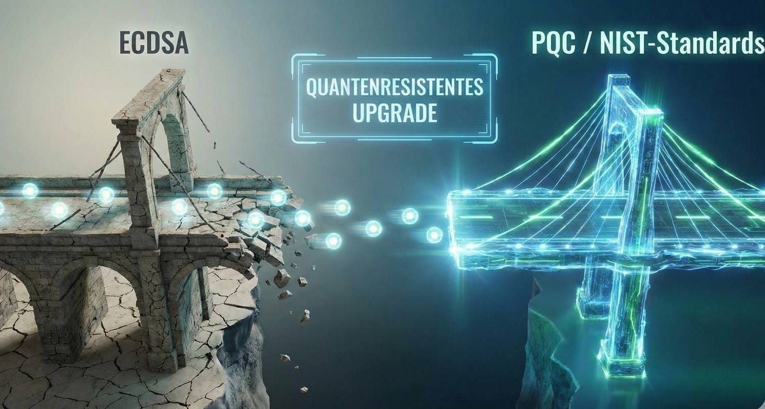Ein futuristisches Bild, das die Migration auf eine neue, sichere Blockchain zeigt. Auf der linken Seite ist eine alte, bröckelnde Kette (ECDSA), von der aus Datenpakete über eine Brücke auf eine neue, robuste, leuchtende Kette (PQC / NIST-Standards) auf der rechten Seite übertragen werden. Im Zentrum steht ein Schild mit der Aufschrift "Quantenresistentes Upgrade".
