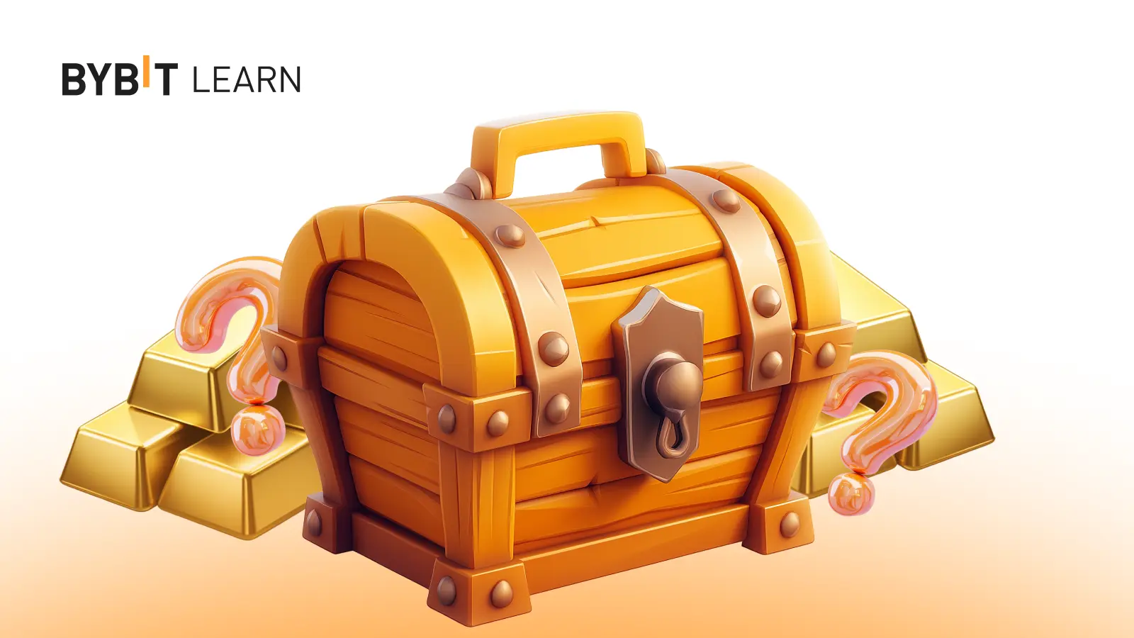 A cartoon-style treasure chest with gold bars and question marks around it.