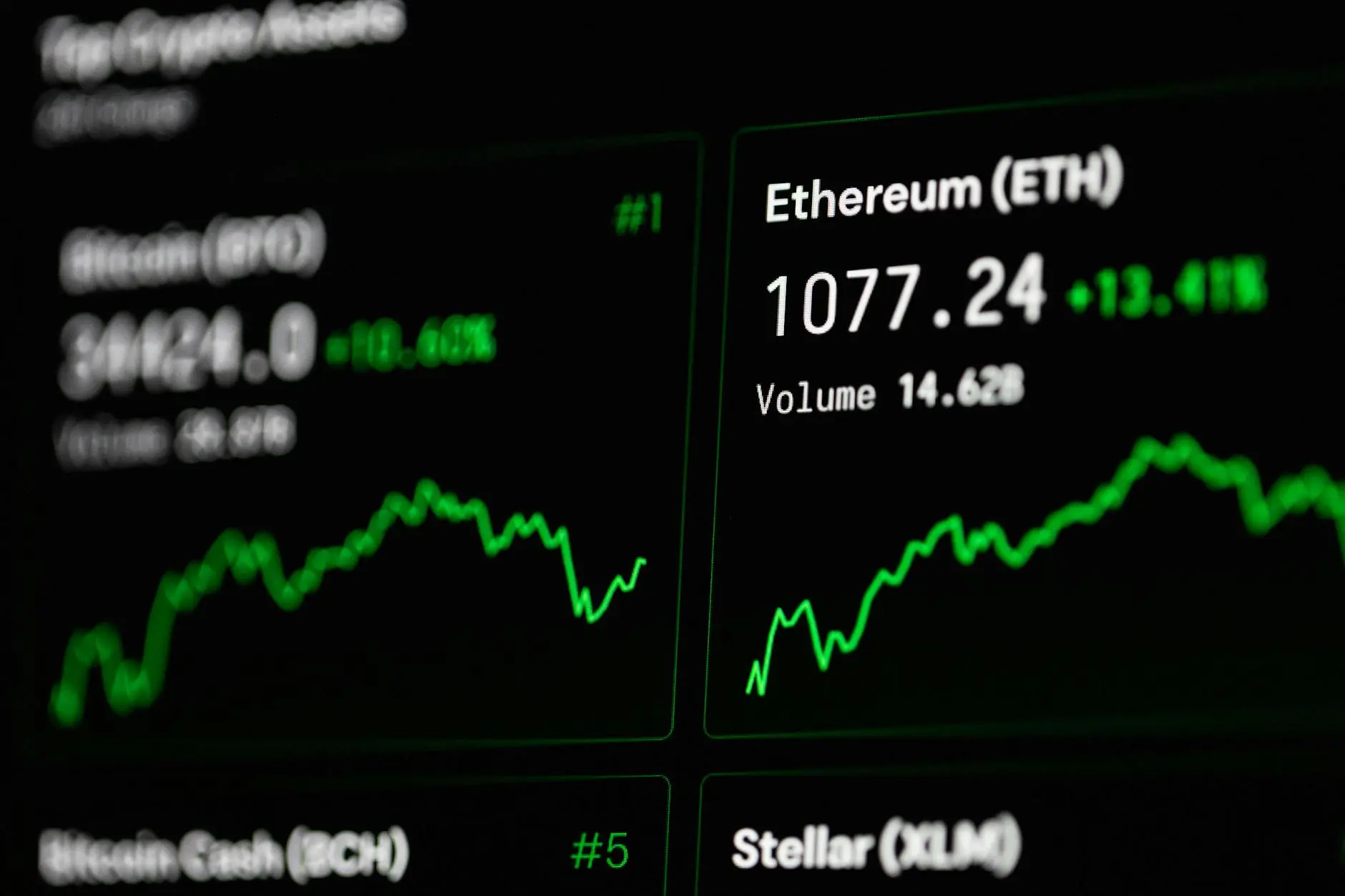 Cryptocurrency price chart displaying Bitcoin and Ethereum stats with green graphs.