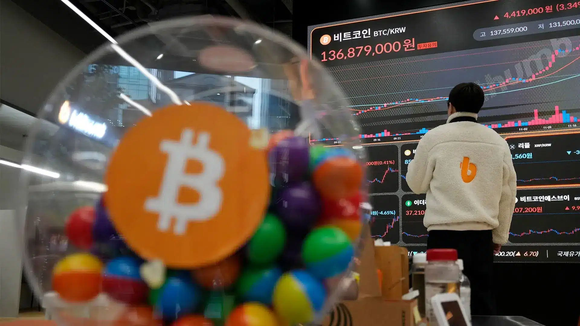 A person examines Bitcoin market data on a screen, with a gumball machine in the foreground.
