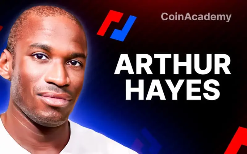 Close-up of Arthur Hayes with CoinAcademy branding in background.
